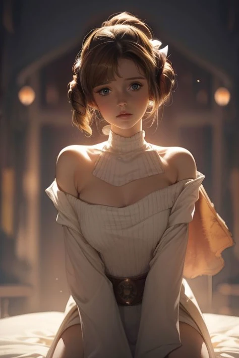 (8k, best quality, masterpiece:1.2),(best quality:1.0), (ultra highres:1.0), watercolor, a Surprised Classic princessin leia, takes damaged Helm off, Helm aside, shoulder, hair ribbons, thigh, Bend over, half body portrait, blonde Hair, extremely luminous bright design, pastel colors, autumn lights