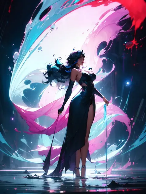 1girl, rainbow colored hair, liquid hair, long hair, floating hair, full body, standing, curvy, liquid clothes, style-swirlmagic, water,waves, tsunami,tide,sea,water dress,fantasy, high contrast, ink strokes, explosions, over exposure, purple and red tone impression , abstract, ((John Berkey and Jeremy Mann )) brush strokes, negative space, perfect lighting, perfect shading, stunning, beautiful, gorgeous, stressed, facing light, <lora:GoodHands-vanilla:1.5>,