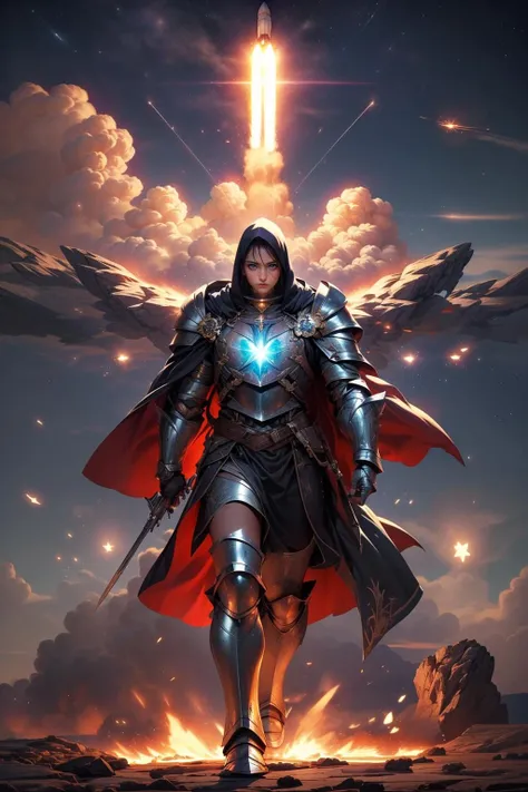 (8k,RAW photo,best quality, masterpiece:1.2),physically-based rendering,tyndall effect,surface reflection,metallic luster,looking at viewer,Boom Shot,
(huge Rocket:1.2),firesky, star_\(sky\),huge airplane rocket,Style-GravityMagic,
1girl,full body,solo,flipped hair,Wet hair,(detailed armor:1.3),wearing cypher armor, hood details, WHITE HOOD, BLACK cape, full armor, black armor, black trimmings, DETAILED ornament, holding gun, pointing gun, tall stature, dark ambiance, armor detail, weapon on back,
<lora:rocketsky:1>,<lora:CYPHER MK1 by CARAXES:0.3>,