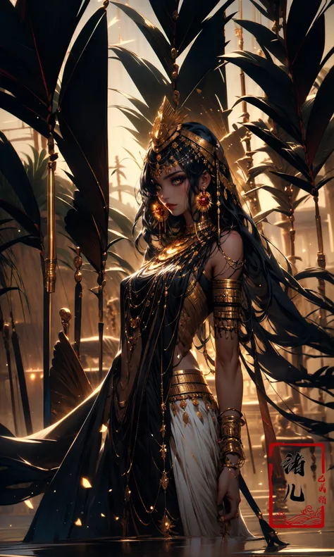 ((masterpiece,)),(( best quality,)),extremely detailed cg 8k wallpaper,bright colors,Dramatic light,photoreal full body  fantasy art game art(wide-angle lens,Panoramic:1.2),watery eyes, beauitful face,
1girl, dynamic angle, casting pose,(freckles:0.8), midriff, navel, dusk lighting, (cold attitude,eyeshadow,eyeliner:1.6), gold lips(gold eyes),  (dark skinblack skin, shiny skin:1.5),
watermakeupsolo focusbare shoulderspalm treebuildingshawlgold choker, royal, <lora:~Q?-WSg
pegyptian:1>