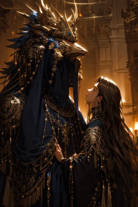 ((best quality, masterpiece, absurbres)) Mystical Creatures, Dark and Mysterious, Dramatic Lighting, Ancient Castle, Elaborate Costumes