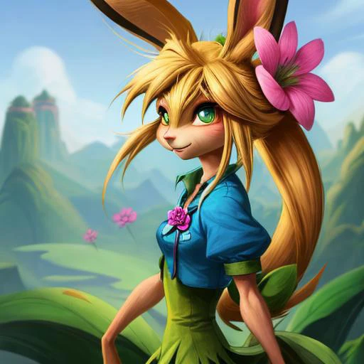 a anthropomorphic female bandicoot who has green eyes, long blonde hair, usually tied up in a ponytail, and with a blue/pink flower stuck on the side of the head.