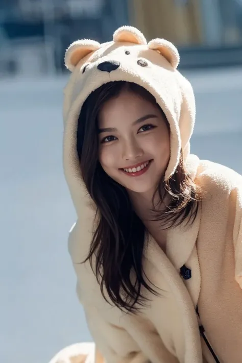 masterpiece, best quality,closed mouth, looking at viewer, full body, alluring, clean, beautiful face, pure face, pale skin, little smile, a woman wearing a white bear costume with long hair and a smile on her face, posing for a picture with a white background and gray background,  <lyco:yoojung100:1.0>