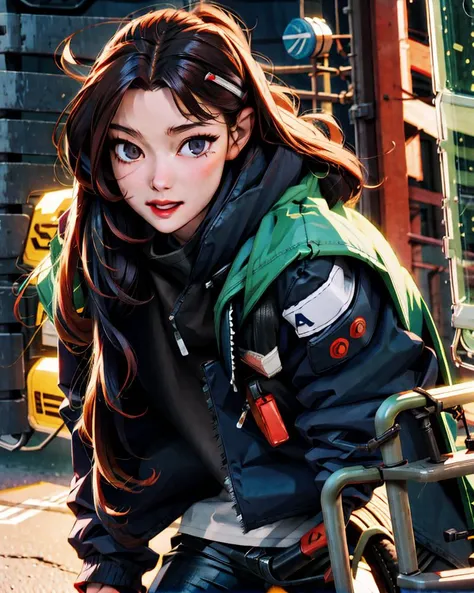 Masterpiece, best quality, uhd, 8k resolution, best light, realistic, detailed background, detailed face, detailed hands, full body, 1girl,  elegant girl from cyberpunk korean world,  <lyco:Kim Yoo Jung (Korean Idol):1.0>, BikerC