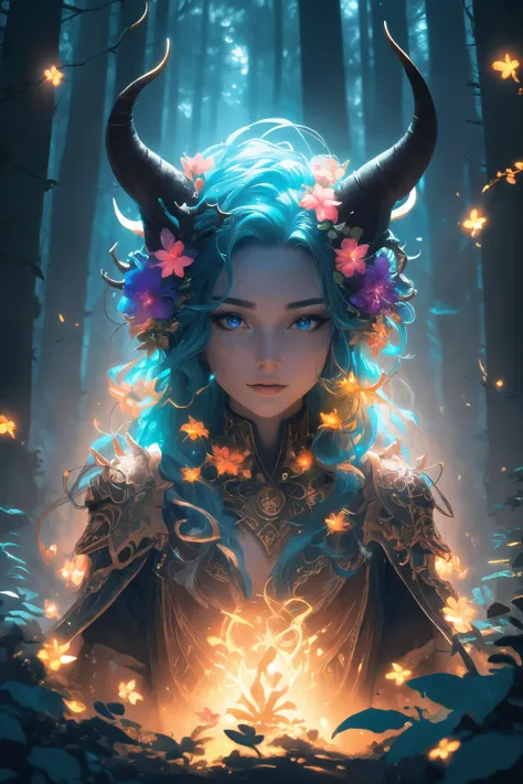 (HD), (ultra-detailed), (masterpiece), (best quality), (sharp focus), (cinematic lighting), (vibrant colors),    <lora:GL0W_SD_1.5__Brightness:0.8>, glow, bright lights, 1girl, fantasy character, druid, glowing flowers in hair, horns, forest, magical