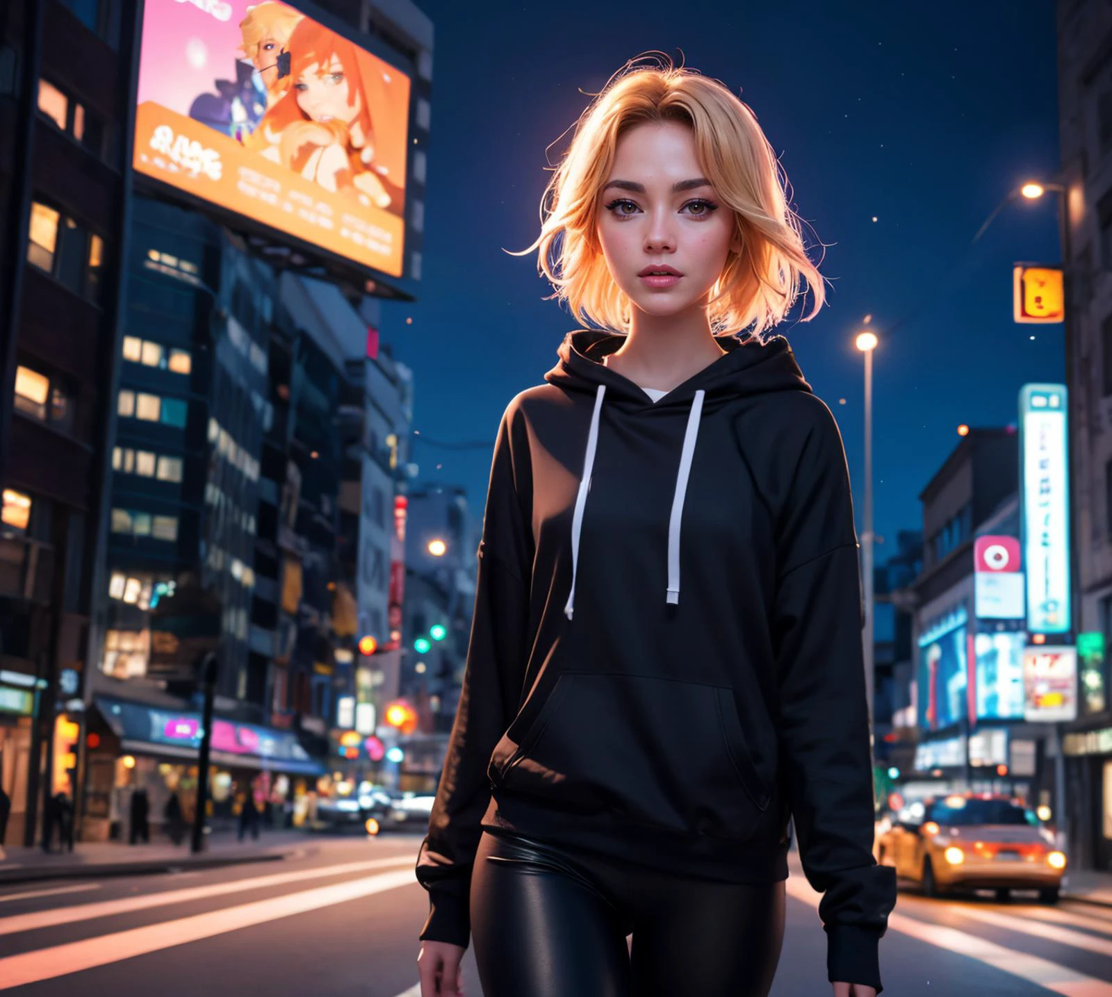 an award winning photo of an 20 years old anime girl, dressed in a thight black leggings and a black hoodie with pink neon details and a hood, is walking through the night in a city its dark the only light come from billboards and lantern she got blonde hairs the scenery is in cyperpunk style, highly detailed, high definition, 8k, intricate, hdr, photorealistic, octane render, raytracing, cinematic lighting, hyper realistic, sharp focus,