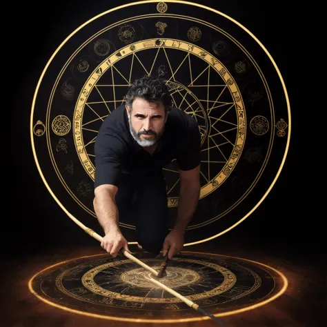 face focus, wavy black hair, Eriberto Leao, realistic, beard, 8K, ultra quality image, using a staff, magic circle on the ground, conjuring luminous spirits
