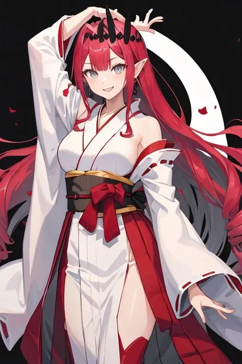 1girl, hinsd, ahoge, absurdly long hair, hair between eyes, mole under eye, demon horns, demon tail, demon wings, pointy ears, (miko, scarlet hakama & white kosode:1.2), best quality, ((masterpiece)), high details, detailed, <lora:HindenburgXLAL_1:0.6>, perspective, rating: explicit, nsfw, naughty face, happy, moody lighting, light rays, night, abstract background, depth of field, cowboy shot, (twintails, low twintails:1.2), in heat, cinematic angle camera