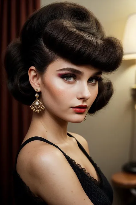 photo of (0dej0nge:0.99), a beautiful woman, perfect black hair, ((60s hairstyle:1.1)), (((voluminous bouffant beehive big hairstyle:1.1))), (60s style cosplay), (vintage photo, Bear Brown Lace knit socks), 85mm, (analog, cinematic, film grain:1.3), (tintype), (in a hotel room:1.2), detailed eyes, (seductive pose), painted lips, eyeliner, (epicPhoto), (looking at viewer), earrings, (cinematic shot:1.3), PA7_Portrait-HL_v2
