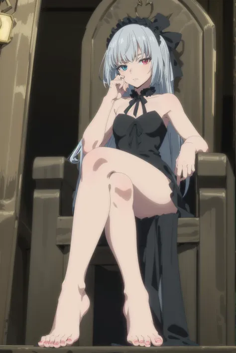 (masterpiece, 4k, best quality, highly detailed, 1girl, solo, luminous valentine, sitting, throne, gothic, long dress, crossed legs, full body, feet, from below), foot fetish, barefoot, long hair, heterochromia, (medium breasts:0.6), small breasts, (head rest:1.2), looking at viewer, <lora:luminous valentineV1:0.9>