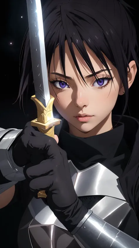 1girl, dark background, ((((dim lighting)))), realistic, <lora:Hinata SakaguchiV2:0.8> Hinata Sakaguchi, holding sword,