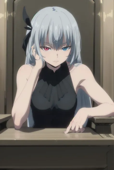 (masterpiece, 4k, best quality, highly detailed, 1girl, solo, luminous valentine, sitting, throne, gothic, short dress, crossed legs), long hair, heterochromia, (medium breasts:0.6), small breasts, (head rest:1.4), upper body, looking at viewer, <lora:luminous valentineV1:0.9>