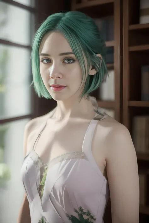 MjurranDV ((best quality)), ((masterpiece)), (detailed) 1girl (interview:1.3) upper_body <lora:MjurranDVv1:0.83> blurry, blurry_background, blurry_foreground, bookshelf, circlet, depth_of_field, facial_mark, fur_trim, green_eyes, green_hair, heterochromia, indoors, looking_at_viewer, short_hair, lace, stockings, solo, tattoo, show ass, 8k uhd, dslr, soft lighting, high quality, film grain, Fujifilm XT3, analog style, <lora:shojovibe_v11:0.65>