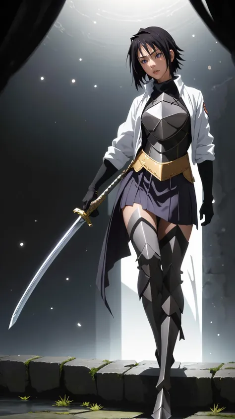 1girl, dark background, ((((dim lighting)))), realistic, <lora:Hinata SakaguchiV2:0.8> Hinata Sakaguchi, holding sword,