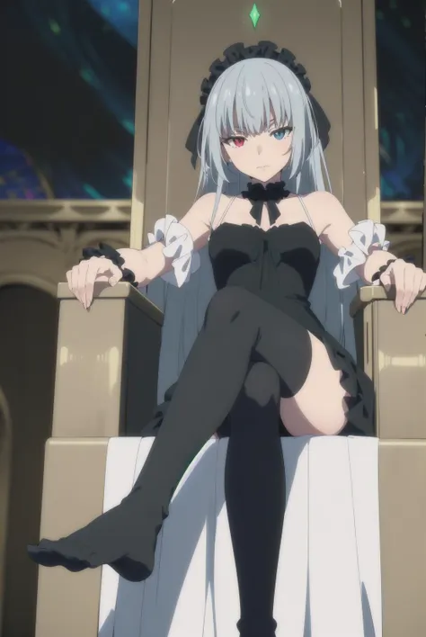 (masterpiece, 4k, best quality, highly detailed, 1girl, solo, luminous valentine, sitting, throne, gothic, long dress, crossed legs, full body, feet, from below, black thighhighs), foot fetish, long hair, heterochromia, (medium breasts:0.6), small breasts, (head rest:1.2), looking at viewer, <lora:luminous valentineV1:0.9>