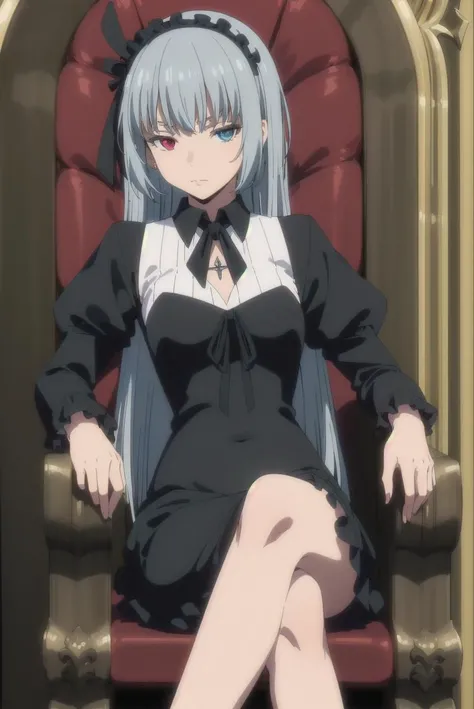 (masterpiece, 4k, best quality, highly detailed, 1girl, solo, luminous valentine, sitting, throne, gothic, short dress, crossed legs), long hair, heterochromia, (medium breasts:0.6), small breasts, (head rest:1.2), upper body, looking at viewer, <lora:luminous valentineV1:0.9>