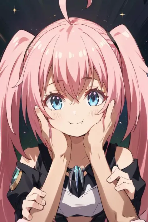 (RAW photo, best quality, masterpiece:1.2),(8k wallpaper, ultra highres, extreme detail, hight detailed skin),anime, 1girl,milim nava ,long hair , twintails,black cloack, ahoge, smile, looking at viewer, <lora:MilimNavaMerge1:1>face, close-up, pov, pov hands, hands on another's face, cheek squash, cheek squash <lora:cheeksquish-nv-v1:0.7> gs2, swirling, pink_theme, pink light particle, pink lens flare, pink aura, cinematic, <lora:GenshinSplashV4:0.4> ray tracing , close up,