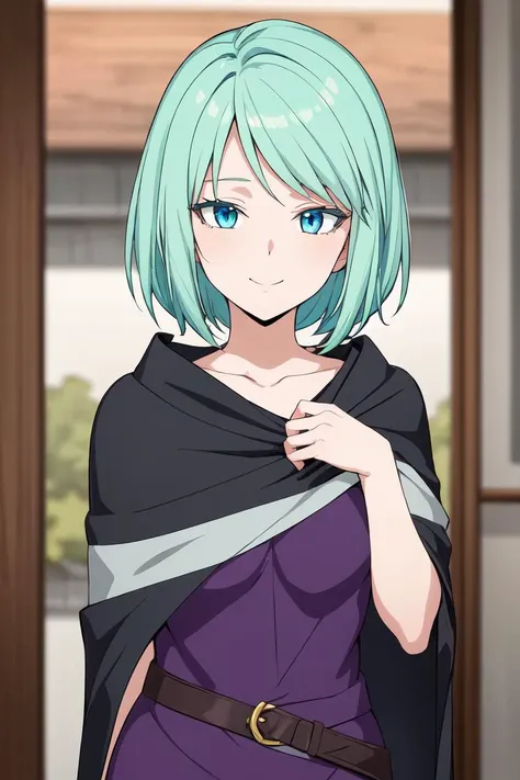 ((best quality)), ((masterpiece)), (detailed), purple dress, black cape, cloak, robe,
1girl,
<lora:MjurranV2223:0.7>
1girl, aqua_hair, bangs, blue_eyes, closed_mouth, collarbone, green_hair, looking_at_viewer, short_hair, smile, solo,
(interview:1.3), (background, fantasy:1.3)