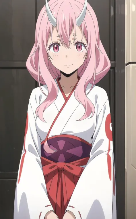 (masterpiece, 4k, best quality, highly detailed, 1girl, solo, blush, hair between eyes, hakama, Shuna), upper body, cowboy shot, pink hair, pink eyes, long hair, small breasts, looking at viewer, <lora:ShunaV1:0.9>