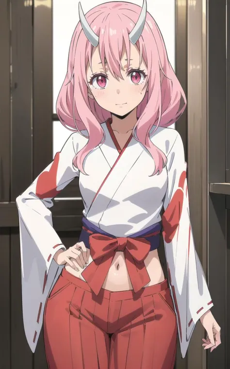 (masterpiece, 4k, best quality, highly detailed, 1girl, solo, blush, hair between eyes, hakama, Shuna, lewd), (((hip vent, bare hips, hip cutout))), upper body, cowboy shot, pink hair, pink eyes, long hair, navel cutout, small breasts, looking at viewer, <lora:ShunaV1:0.7>