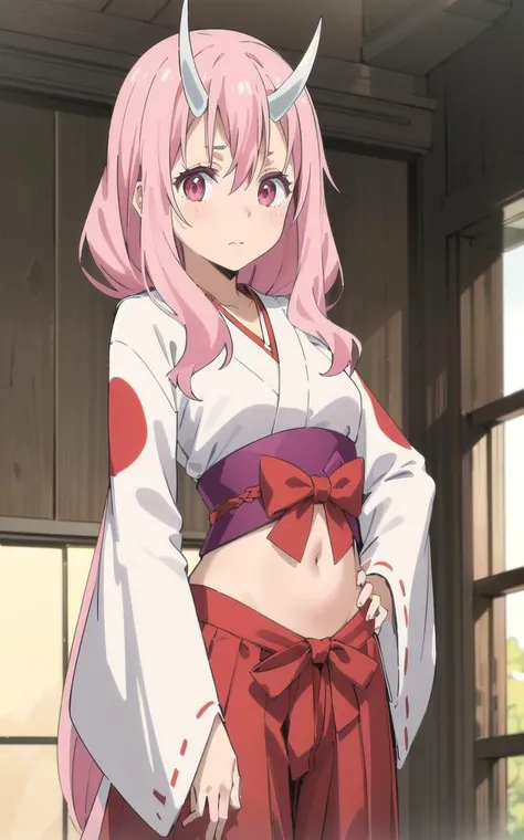 (masterpiece, 4k, best quality, highly detailed, 1girl, solo, blush, hair between eyes, hakama, Shuna, lewd), (((hip vent, bare hips, hip cutout))), upper body, cowboy shot, pink hair, pink eyes, long hair, navel cutout, small breasts, looking at viewer, <lora:ShunaV1:0.7>
