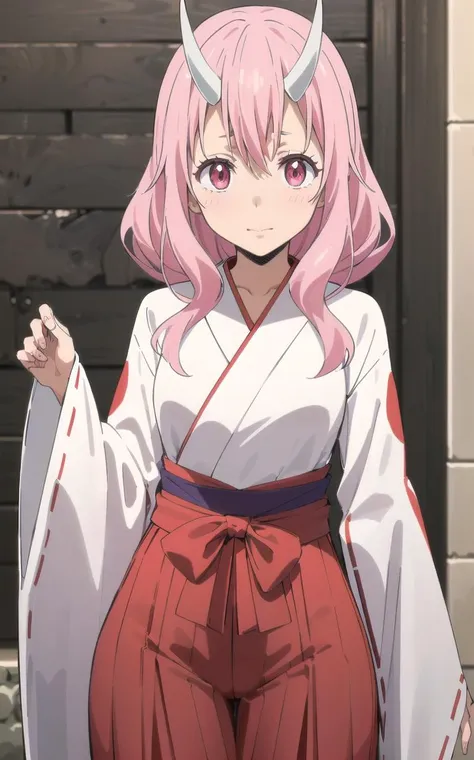 (masterpiece, 4k, best quality, highly detailed, 1girl, solo, blush, hair between eyes, hakama, Shuna, lewd), (((hip vent, bare hips, hip cutout))), upper body, cowboy shot, pink hair, pink eyes, long hair, navel cutout, small breasts, looking at viewer, <lora:ShunaV1:0.7>