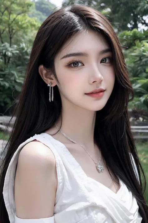 cinematic photo 1girl,brown eyes,(black long straight hair:1.2),(upper body:1.5),looking at viewer,8k uhd,dslr,soft lighting,high quality,film overlay,film grain,Fujifilm XT3,outdoors,photorealistic,realistic,solo,upper body,richly defined face,dewy skin,products shot,(high detailed skin:1.2),detailed face and eyes,natural skin texture,highly detailed skin,textured skin,skin pores,imperfect skin,visible skin detail,detailed skin texture,dynamic pose,windy,young beauty,(transparent dress:1.2),earrings,hairpin,necklace,architecture,east asian,riverside,forest,outdoors,sun light,<lora:é¿åV3:0.3>,<lora:è¢çç¾½-09:0.3>,<lora:yazhoumote_v1:0.3>,<lora:EuropeanStyleDress:0.6>,