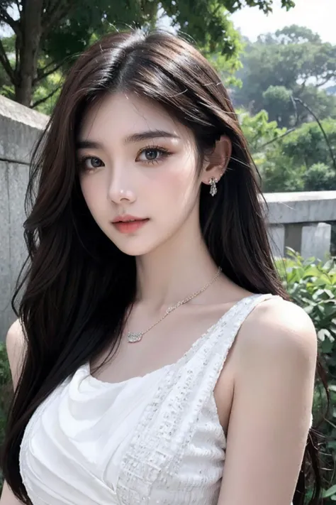 cinematic photo 1girl,brown eyes,(black long straight hair:1.2),(upper body:1.5),looking at viewer,8k uhd,dslr,soft lighting,high quality,film overlay,film grain,Fujifilm XT3,outdoors,photorealistic,realistic,solo,upper body,richly defined face,dewy skin,products shot,(high detailed skin:1.2),detailed face and eyes,natural skin texture,highly detailed skin,textured skin,skin pores,imperfect skin,visible skin detail,detailed skin texture,dynamic pose,windy,young beauty,(transparent dress:1.2),earrings,hairpin,necklace,architecture,east asian,riverside,forest,outdoors,sun light,<lora:é¿åV3:0.3>,<lora:è¢çç¾½-09:0.3>,<lora:yazhoumote_v1:0.3>,<lora:EuropeanStyleDress:0.6>,