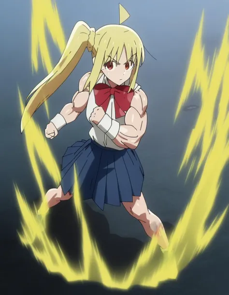 supersaiyanaura,(yellow aura:1.5),(aura around body:1.5),(energy around body:1.1), (full body:1.5),fighting stance, rocky area, masterpiece, looking at viewer, (muscle, strong:1.9),(illustration:0.5),(anime colored:0.7),(btr-nijika,red eyes:1.2), 1girl, blonde hair, solo, side ponytail, skirt, long hair, ahoge, red bow on neck, blue skirt, white shirt, pleated skirt,bowtie on neck, long sleeves,<lora:bocchi_xl:1.2> <lora:supersaiyanauraXL3:0.7>