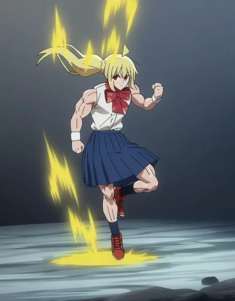 supersaiyanaura,(yellow aura:1.5),(aura around body:1.5),(energy around body:1.1), (full body:1.5),fighting stance, rocky area, masterpiece, looking at viewer, (muscle, strong:1.9),(illustration:0.5),(anime colored:0.7),(btr-nijika,red eyes:1.2), 1girl, blonde hair, solo, side ponytail, skirt, long hair, ahoge, red bow on neck, blue skirt, white shirt, pleated skirt,bowtie on neck, long sleeves,<lora:bocchi_xl:1.2> <lora:supersaiyanauraXL3:0.7>