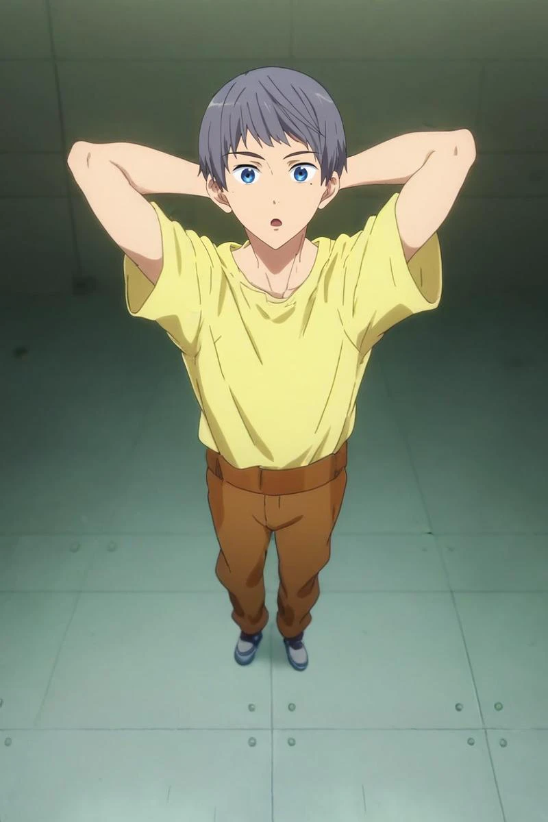 score_9, score_8_up, score_7_up, source_anime, rating_safe, intricate details, anime screencap, anime coloring, , looking at viewer, , 1boy, solo, male focus, <lora:aiichirou_nitori_pony:0.98>, aiichirou_nitori, grey hair, blue eyes, mole, mole under eye, from above, full body, death valley, dawn, arms behind head, open mouth, , <lora:sdxl_lightning_8step_lora:1>