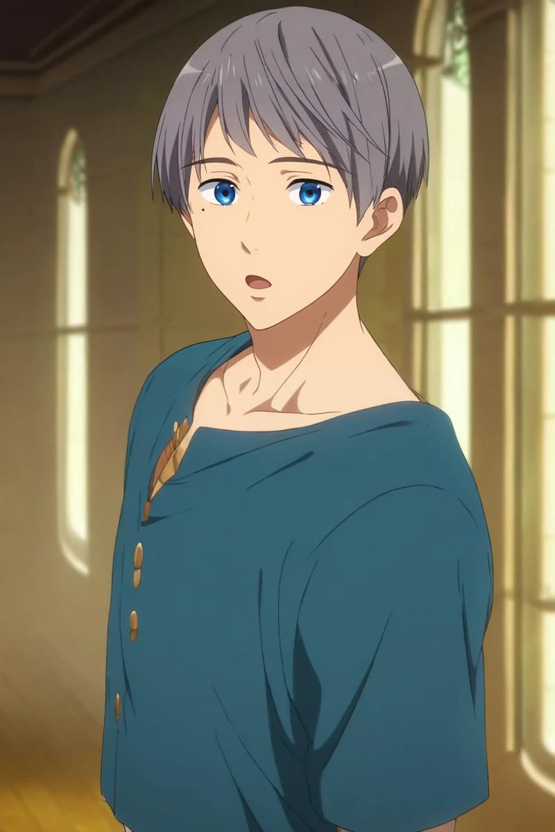 score_9, score_8_up, score_7_up, source_anime, rating_safe, intricate details, (photorealistic:0.6), looking at viewer, depth of field, 1boy, solo, male focus, <lora:aiichirou_nitori_pony:0.78>, aiichirou_nitori, grey hair, blue eyes, mole, mole under eye, cowboy shot, atlantis, indoors, light, yoga, open mouth, graduation costume, <lora:sdxl_lightning_8step_lora:1>