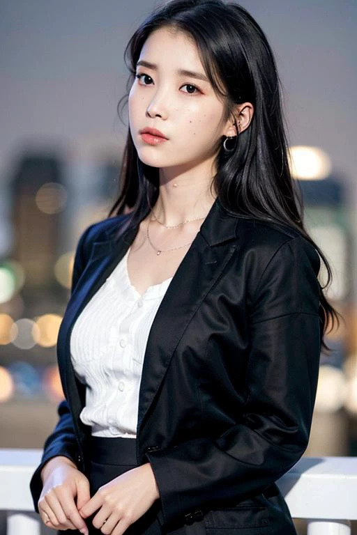 nikon RAW photo,8 k,Fujifilm XT3,masterpiece, best quality, 1girl,solo,realistic, photorealistic,ultra detailed,
diamond stud earrings, long straight black hair, hazel eyes, serious expression, slender figure, wearing a black blazer and white blouse, standing against a city skyline at night
iu1, <lora:iu_v35:1><lora:lightAndShadow_v10:0.7>