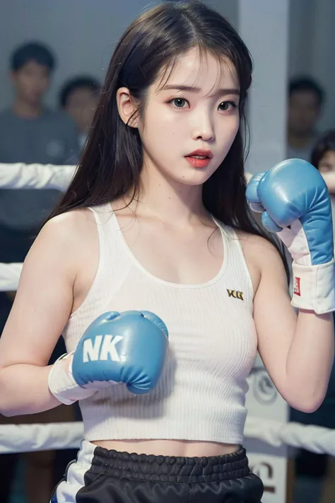 hyper realistic, perfect eyes, hyper realistic, lifelike texture, dramatic lighting, Nikon RAW photo, 8k, Fujifilm XT3 (ultra realistic:1.5), (intricate:1.2), (looking at camera:1.2), (best quality:1.5), sports top, sports shorts, ((boxing gloves)), joyful expression, beauty512,beauty512, iulje, iu1, <lora:iu_V20:0.5>, <lora:iu_V30:0.5>