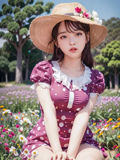 photorealistic,realistic, solo, photorealistic, best quality, ultra high res,
round hat with ribbon, short curly blonde hair, big blue eyes, cheerful expression, curvy figure, wearing a pink polka dot dress, sitting in a field of wildflowers,
beautiful, masterpiece, best quality, extremely detailed face, perfect lighting, solo,1girl,close up photo,
best quality, ultra high res, photorealistic,
ultra detailed,
masterpiece, best quality,
<lora:iu__v2:0.8>,iu1,