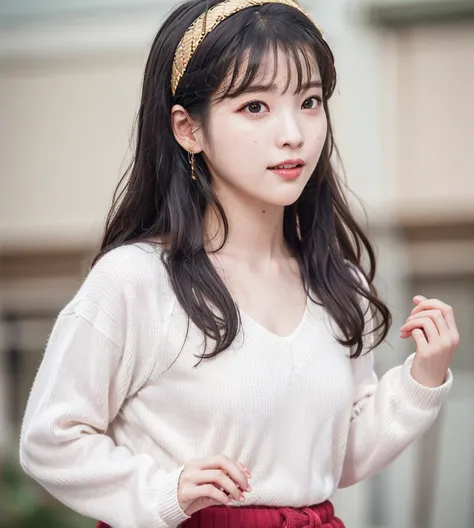 corneo_yor_forger, best quality, ultra high res, RAW photo, realistic, (solo), (photorealistic:1.4), a girl in sweater and pantyhose with a shining golden headband, dancing outdoors in a hot summer day, the sunlight is very strong, she is looking at viewer, iu1, (iu), (lee ji eun), smile, small eyes, daytime, beautiful, masterpiece, extremely detailed face, perfect lighting, ultra detailed, bloom, (kpop idol), depth of field, small breasts