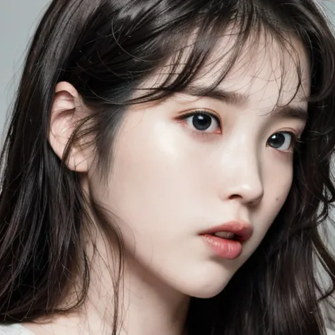 (fairy skin:1.5), realistic,ultra detailed, long straight black hair,Super detailed,front Photo, iu1, (8k, best quality, masterpiece:1.2), (realistic, photo-realistic:1.4), (RAW photo), octane render, complex 3d render ultra detailed of a beautiful porcelain profile woman, studio soft light, rim light, vibrant details, ultra-detailed, realistic skin texture, detail face, silver hair, beautiful detailed eyes, close up photography, Fujifilm, Depth of Field, absurdres, extremely detailed CG unity 8k wallpaper, makeup, black lightning <lora:iu_V35:1>, pale skin,