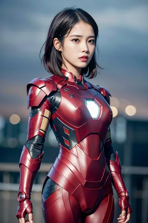 (intricate details), (hdr), (intricate details), (hyperdetailed), (natural skin texture), (hyperrealism), (soft light), (sharp), (octane render), (detailed background), (100mm photography) ((Beautiful female super hero)), wearing a thick armored suit, short hair, ((Iron man suit and glowing arc reactor)), standing on a rooftop in the pouring rain, surrounded by flashing lightning and thunder. The winds howl and the elements rage around her, making her seem both powerful and vulnerable at the same time, on eye level, looking at viewer, ((lips closed)), <lora:virtualgirlRin_v30:0.2><lora:japanesedolllikenessV1_v15:0.2> [<lora:iu_V35:0.8>:0.8]
