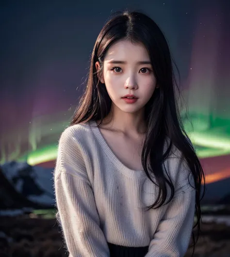 4k, RAW photo, best quality, ultra high res, extremely detailed, (detailed eyes:1.2), semi-closed eyes, realistic, (in shade:1.5), (in shadow:1.5), (solo), (photorealistic:1.4), iu1, (iu), (lee ji eun), a korean girl wearing a (white winter sweater and a skirt), she is standing a snow mountain (at midnight:1.2), (northern lights in extremely dark sky:1.4), (extremely dark scenery:1.3), (bloom), (light particles), she is looking at camera, long fluffy hair, winter, vibrant color, beautiful, masterpiece, small breasts