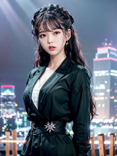 photorealistic,realistic, solo, photorealistic, best quality, ultra high res,
diamond stud earrings, long straight black hair, hazel eyes, serious expression, wearing a black blazer and white blouse, standing against a city skyline at night,
beautiful, masterpiece, best quality, extremely detailed face, perfect lighting, solo,1girl,
best quality, ultra high res, photorealistic,
ultra detailed,
masterpiece, best quality,
<lora:lightAndShadow_v10:0.4>, <lora:iu__v2:0.8>,iu1,
