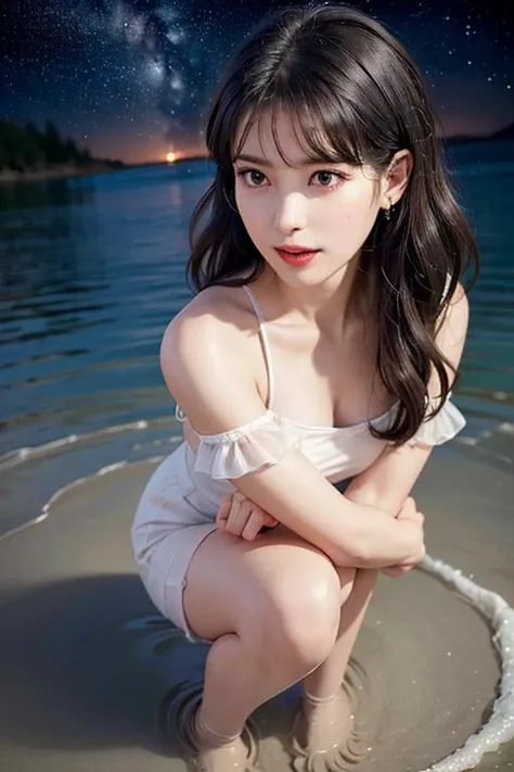 photo finish, slender, cute, Japan beauty, dark dark eyes, little smile, fine skin, sheer wet underwear, sunset, light on face, realphoto --auto