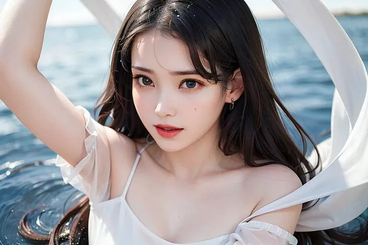best quality, 1 Girl, dark blue hair, black eyes, Very short hair, Spiky hair, wears a dark red dress luxury，A cropped dress, 171 cm, Messy hair, Hair between the eyes, Medium breasts, full, Tomboy, aldult, 20 years old, 1 Girl with yatch dark red luxury at the sea