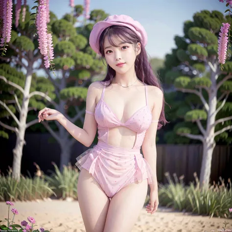 photorealistic,realistic, solo, best quality, ultra high res, round hat with ribbon, purple hair, big blue eyes, cheerful expression, wearing a pink polka dot dress wet, standing in a field of wildflowers half naked, beautiful, extremely detailed face,nude, cute, beautiful,8k , perfect lighting, solo,1girl,close up photo, ultra detailed, masterpiece,iu1, <lora:iu_V20:0.8>, illustration, an extremely delicate and beautiful, extremely detailed ,CG ,unity ,8k wallpaper, (realistic, photo-realistic:1.37), finely detail,official art, incredibly absurdres, huge filesize, ultra-detailed, highres, extremely detailed,extremely detailed breasts, beautiful detailed girl, extremely detailed eyes and face, beautiful detailed eyes, (Kpop idol), (aegyo sal:1),1girl,necklace, fantasy breasts , cleavage, thighhighs,thin legs,(breasts out:1.2),earrings,facing front, (smiling:1.2) ,looking at viewer, <lora:koreanDollLikeness_v10:0.1>, <lora:anotherpureface_v10:0.1>