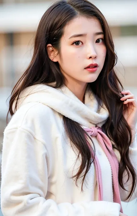 nsfw,nikon RAW photo,8 k,Fujifilm XT3,masterpiece, best quality, 1girl,solo,realistic, photorealistic,ultra detailed,
long straight black hair on a low single braid, hazel eyes, slender figure, <lora:iu_V35>, iu1, looking at camera, small smile, (((front view)))
winter (colorful) clothes, Fluffy Faux Fur Jacket, oversized scarf that hides neck, snow falling
standing in the middle of a snowy village