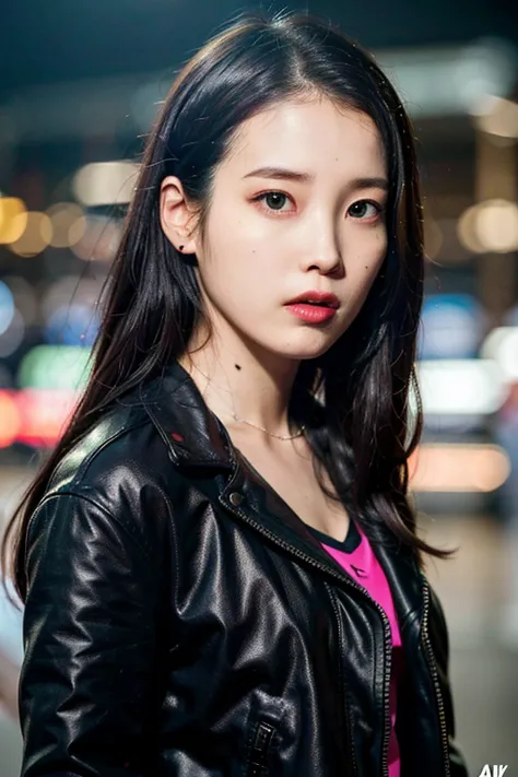 hyper realistic, Nikon RAW photo, 8k, Fujifilm XT3, lifelike texture, dramatic lighting, (best quality:1.1), (close-up portrait:1.2), photorealistic, ultra detailed, extremely detailed face, solo, 1girl, standing, front facing, depth of field, lifelike, ((cyberpunk)), ((futuristic city in night time)), (((neon lights))), futuristic clothing, leather jacket, t-shirt, leather pants, iu1, <lora:iu_V35:1>, <lora:lightAndShadow_v10:0.4>