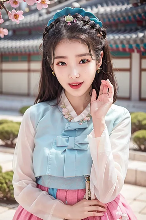 hyper realistic, lifelike texture, dramatic lighting, (best quality:1.1), partially immersed in flower, (hanbok, korean clothes:1.4), depth of field, lifelike, colorful flower bed in the background, falling sakura blossoms, depth of field, iulje, iu1, <lora:iu_V20:0.5>, <lora:iu_V30:0.5>, (smile:1.1), <lora:hanbok-000009:0.8> <lora:hanboka-000003:0.8>