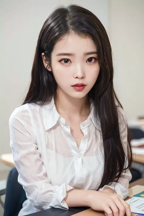 hyper realistic, Nikon RAW photo, 8k, Fujifilm XT3, lifelike texture, dramatic lighting, (best quality:1.1), (close-up portrait:1.2), photorealistic, ultra detailed, extremely detailed face, solo, 1girl, depth of field, lifelike, white collared shirt, gray tight line miniskirt, looking at viewer, smiling, cute, classroom, window, serious expression, beauty512, iulje, iu1, <lora:iu_V20:0.5>, <lora:iu_V30:0.5>