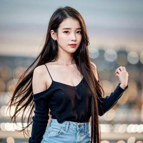 nsfw,nikon RAW photo,8 k,Fujifilm XT3,masterpiece, best quality, 1girl,solo,realistic, photorealistic,ultra detailed, diamond stud earrings, long straight black hair, hazel eyes, slender figure, standing against a city skyline at night iu1, random clothes,smile cute