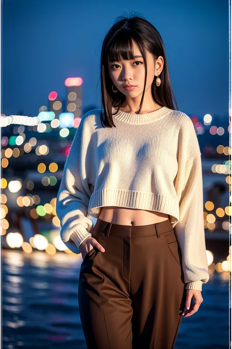 nikon RAW photo,8 k,Fujifilm XT3,masterpiece, gao yuanyuan,asian girl,best quality, 1girl,solo,sassoon bob,realistic, photorealistic,ultra detailed,half-length photo, diamond stud earrings,  serious expression,Long-sleeved clothes,trousers, Night view,facula,standing against a city skyline at night iu1, <lora:iu_v35:1><lora:lightAndShadow_v10:0.7>