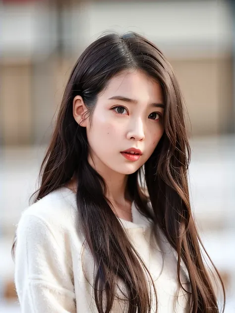nsfw,nikon RAW photo,8 k,Fujifilm XT3,masterpiece, best quality, 1girl,solo,realistic, photorealistic,ultra detailed, long straight black hair on a low single braid, hazel eyes, slender figure, <lora:iu_V35>, iu1, looking at camera, small smile, (((front view))), Fluffy Faux Fur Jacket, oversized scarf that hides neck, snow falling standing in the middle of a snowy village